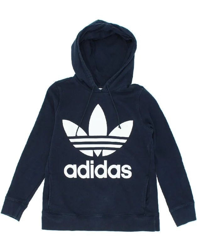 ADIDAS Womens Graphic Hoodie Jumper UK 16 Large Navy Blue Cotton Hoodie with Set-In Sleeves Structured Classic ADIDAS Womens Graphic Hoodie Jumper UK 16 Large Navy Blue Cotton Hoodie with Set-In Sleeves Structured Classic