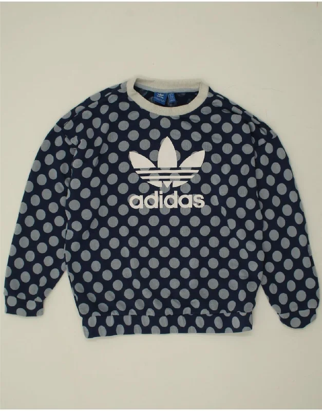 ADIDAS Womens Graphic Sweatshirt Jumper UK 12 Medium Blue Polka Dot Hoodie with Distressed Vintage Worn ADIDAS Womens Graphic Sweatshirt Jumper UK 12 Medium Blue Polka Dot Hoodie with Distressed Vintage Worn