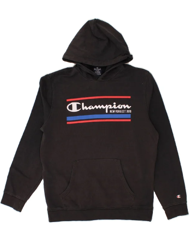 CHAMPION Mens Graphic Hoodie Jumper Large Black Cotton Hoodie with Elastic Waist Stretchable Comfortable CHAMPION Mens Graphic Hoodie Jumper Large Black Cotton Hoodie with Elastic Waist Stretchable Comfortable
