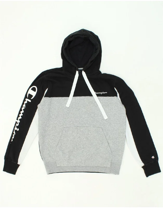 CHAMPION Mens Graphic Hoodie Jumper Large Grey Colourblock Cotton Hoodie with Sequins Glamorous Eye-catching CHAMPION Mens Graphic Hoodie Jumper Large Grey Colourblock Cotton Hoodie with Sequins Glamorous Eye-catching