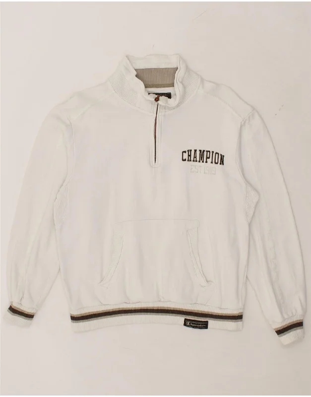 CHAMPION Mens Zip Neck Sweatshirt Jumper Medium White Cotton Hoodie with Hem Lace Feminine Delicate CHAMPION Mens Zip Neck Sweatshirt Jumper Medium White Cotton Hoodie with Hem Lace Feminine Delicate
