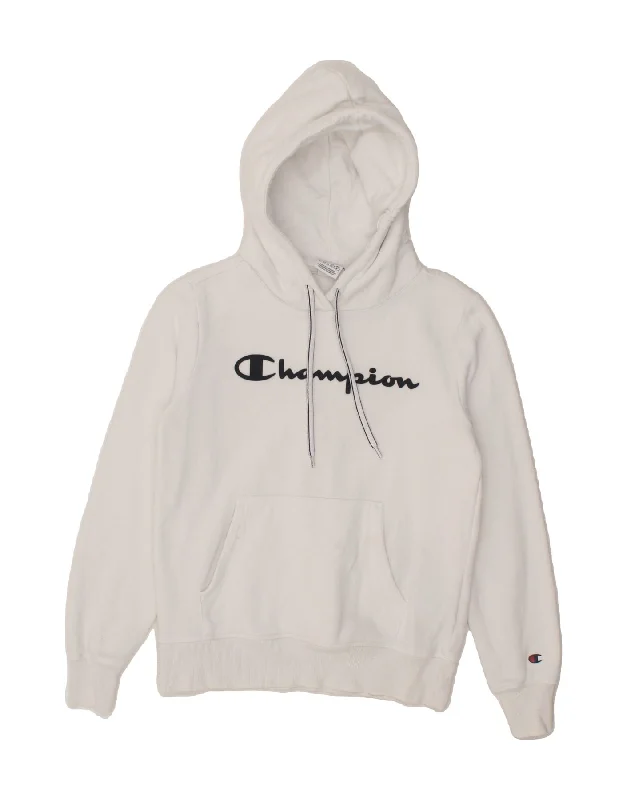 CHAMPION Womens Graphic Hoodie Jumper UK 10 Small White Cotton Hoodie with Pocket Utility Practical CHAMPION Womens Graphic Hoodie Jumper UK 10 Small White Cotton Hoodie with Pocket Utility Practical