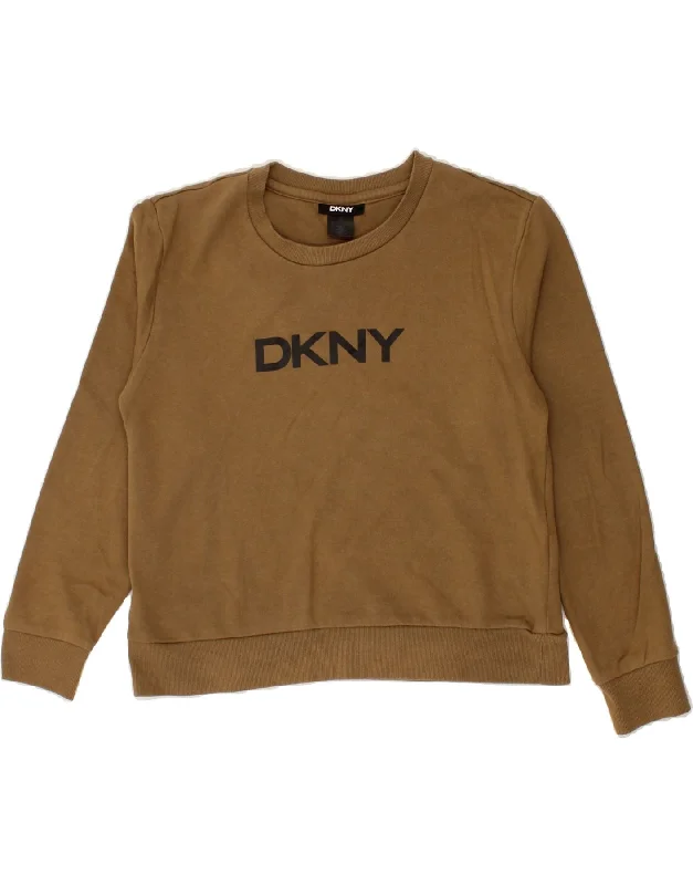 DKNY Womens Graphic Sweatshirt Jumper UK 14 Medium Brown Cotton Hoodie with Velcro Closure Adjustable Secure DKNY Womens Graphic Sweatshirt Jumper UK 14 Medium Brown Cotton Hoodie with Velcro Closure Adjustable Secure