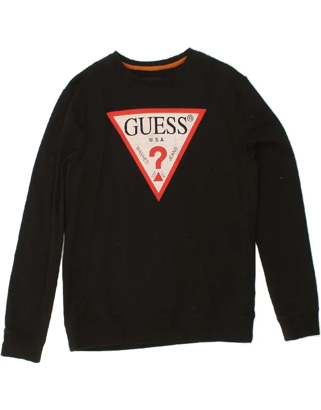 GUESS Womens Graphic Sweatshirt Jumper UK 14 Medium Black Cotton Hoodie with Side Slits Relaxed Casual GUESS Womens Graphic Sweatshirt Jumper UK 14 Medium Black Cotton Hoodie with Side Slits Relaxed Casual