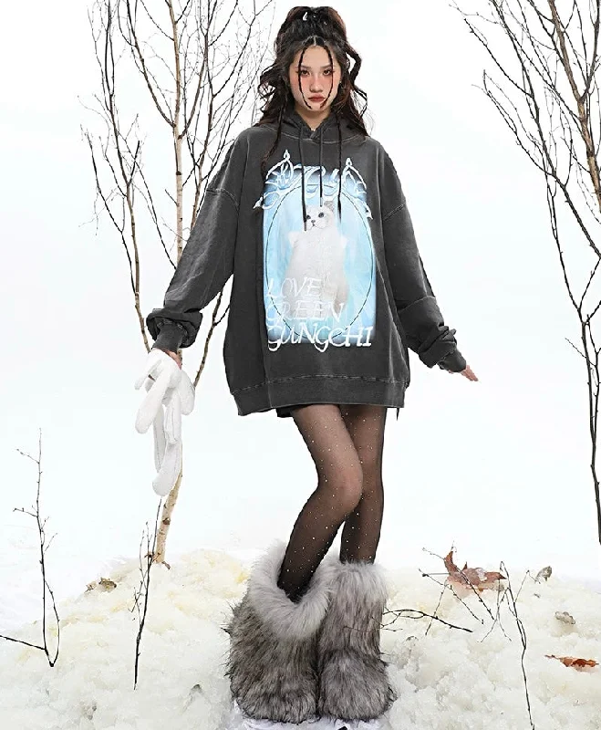 ICY KITTY Graphic Print Solid Color Long Sleeve Hoodie Hoodie with Raglan Sleeves Sporty Comfortable
