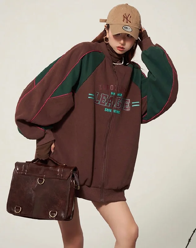 LEAGUE Letter Embroidery Long Sleeve Zip Up Sweatshirt Hoodie with Hem Patch Decorative Personalized LEAGUE Letter Embroidery Long Sleeve Zip Up Sweatshirt Hoodie with Hem Patch Decorative Personalized