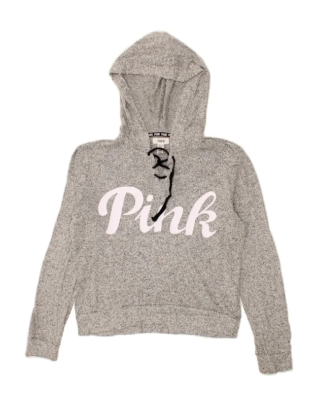 PINK Womens Crop Graphic Hoodie Jumper UK 6 XS Grey Flecked Viscose Hoodie with Longline Fit Extended Stylish PINK Womens Crop Graphic Hoodie Jumper UK 6 XS Grey Flecked Viscose Hoodie with Longline Fit Extended Stylish
