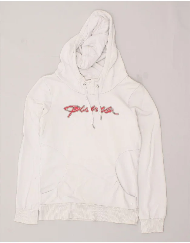 PUMA Womens Graphic Hoodie Jumper UK 10 Small White Cotton Hoodie with Cropped Fit Short Trendy PUMA Womens Graphic Hoodie Jumper UK 10 Small White Cotton Hoodie with Cropped Fit Short Trendy