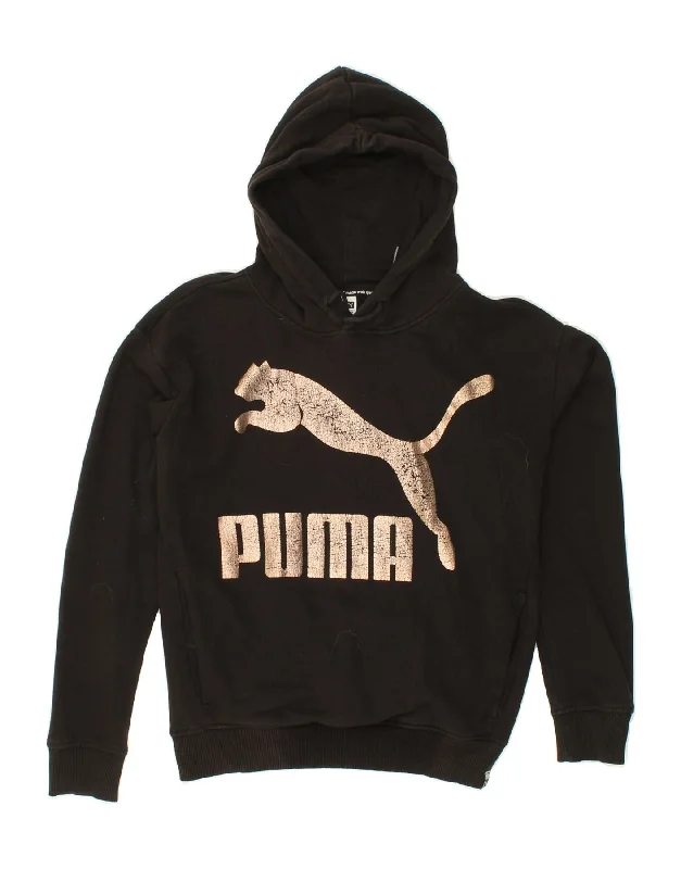 PUMA Womens Oversized Graphic Hoodie Jumper UK 10 Small Black Cotton Hoodie with Raw Hem Edgy Unfinished PUMA Womens Oversized Graphic Hoodie Jumper UK 10 Small Black Cotton Hoodie with Raw Hem Edgy Unfinished