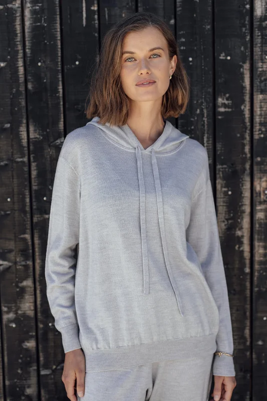 Merino Hoodie - Silver Hoodie with Raglan Sleeves Sporty Comfortable