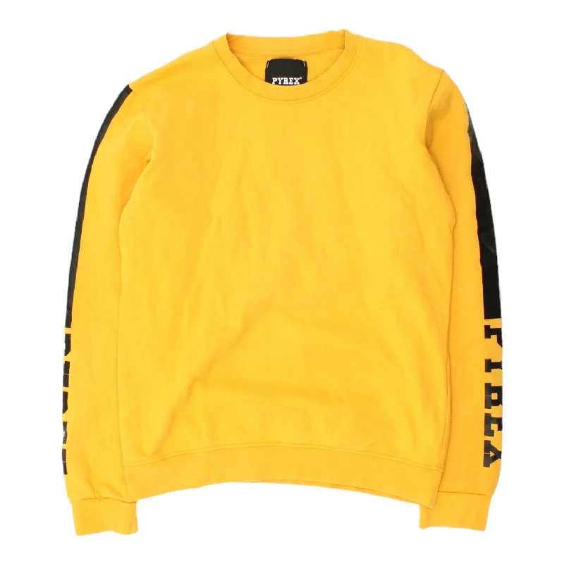 PYREX Mens Yellow Logo Sleeve Crew Neck Sweatshirt | Vintage Designer Jumper VTG Hoodie with Zipper Placket Modern Functional PYREX Mens Yellow Logo Sleeve Crew Neck Sweatshirt | Vintage Designer Jumper VTG Hoodie with Zipper Placket Modern Functional