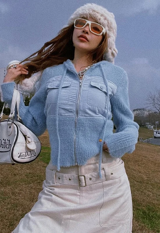 Sophia Solid Color Baby Blue Patchwork Ribbed Long Sleeve Zip Up Hoodie Hoodie with Drawstring Waist Adjustable Fitted Sophia Solid Color Baby Blue Patchwork Ribbed Long Sleeve Zip Up Hoodie Hoodie with Drawstring Waist Adjustable Fitted