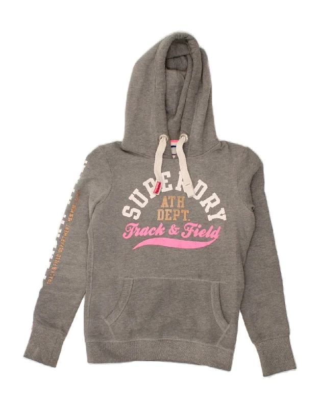 SUPERDRY Womens Graphic Hoodie Jumper UK 10 Small Grey Cotton Hoodie with Hem Fringe Bohemian Relaxed SUPERDRY Womens Graphic Hoodie Jumper UK 10 Small Grey Cotton Hoodie with Hem Fringe Bohemian Relaxed