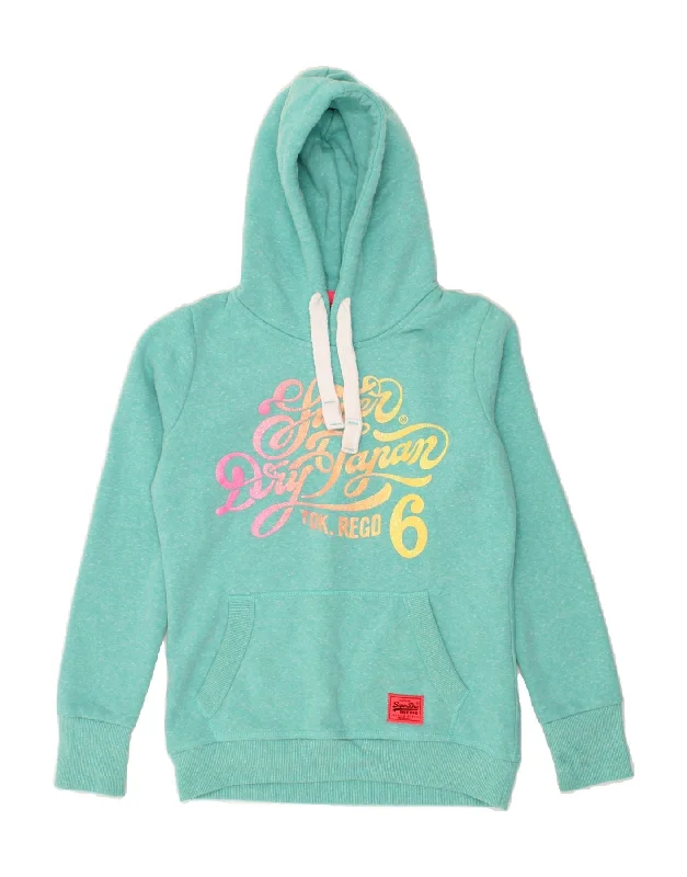 SUPERDRY Womens Graphic Hoodie Jumper UK 10 Small Turquoise Cotton Hoodie with Button Placket Classic Preppy SUPERDRY Womens Graphic Hoodie Jumper UK 10 Small Turquoise Cotton Hoodie with Button Placket Classic Preppy