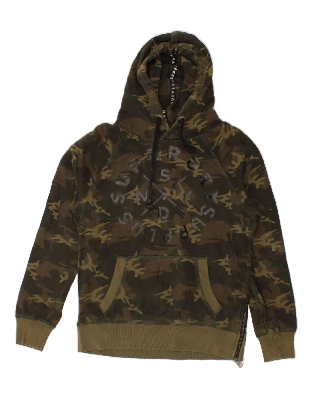 SUPERDRY Womens Graphic Hoodie Jumper UK 14 Medium Khaki Camouflage Cotton Hoodie with Button Placket Classic Preppy SUPERDRY Womens Graphic Hoodie Jumper UK 14 Medium Khaki Camouflage Cotton Hoodie with Button Placket Classic Preppy
