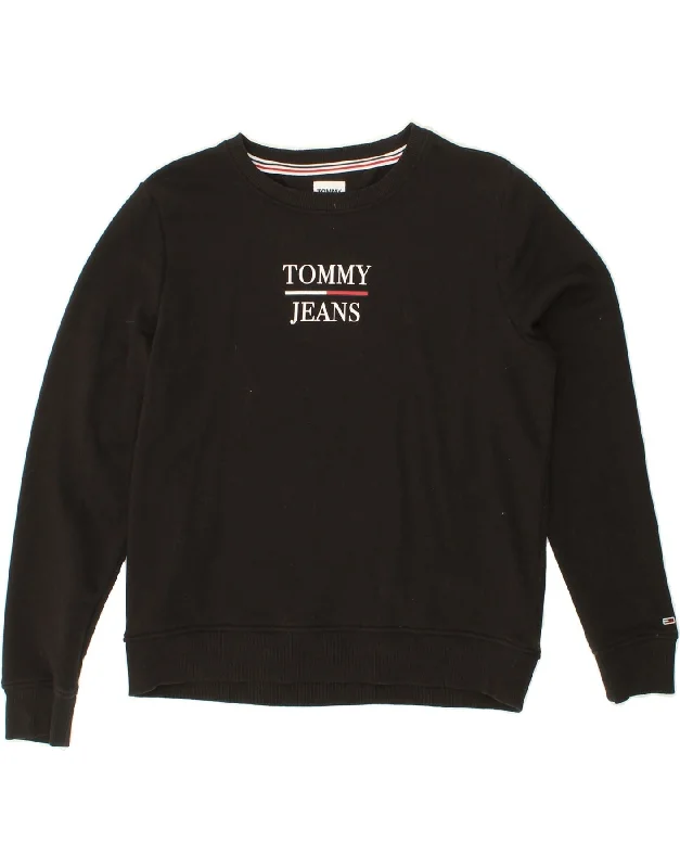 TOMMY HILFIGER Womens Graphic Sweatshirt Jumper UK 14 Medium Black Cotton Hoodie with Elastic Cuffs Stretchable Comfortable TOMMY HILFIGER Womens Graphic Sweatshirt Jumper UK 14 Medium Black Cotton Hoodie with Elastic Cuffs Stretchable Comfortable