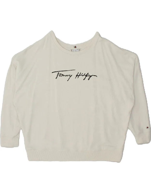 TOMMY HILFIGER Womens Oversized Sweatshirt Jumper UK 16 Large Off White Hoodie with Patch Decorative Personalized TOMMY HILFIGER Womens Oversized Sweatshirt Jumper UK 16 Large Off White Hoodie with Patch Decorative Personalized