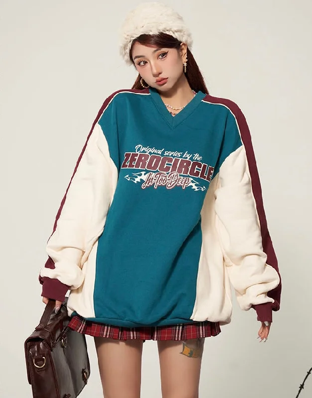 ZEROCIRCLE In Too Deep Letter Embroidery Patchwork Long Sleeve V-Neck Sweatshirt Hoodie with Color Block Contrast Stylish ZEROCIRCLE In Too Deep Letter Embroidery Patchwork Long Sleeve V-Neck Sweatshirt Hoodie with Color Block Contrast Stylish