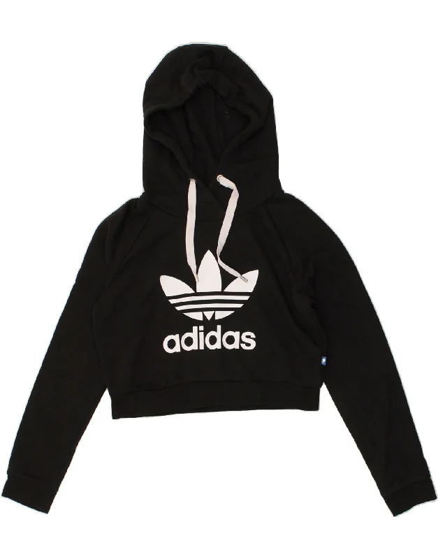 ADIDAS Womens Crop Graphic Hoodie Jumper UK 8 Small Black Cotton Hoodie with Logo Branding Identity