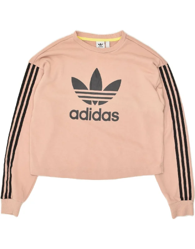 ADIDAS Womens Crop Graphic Sweatshirt Jumper UK 12 Medium Beige Cotton Hoodie with Crew Neck Simple Timeless