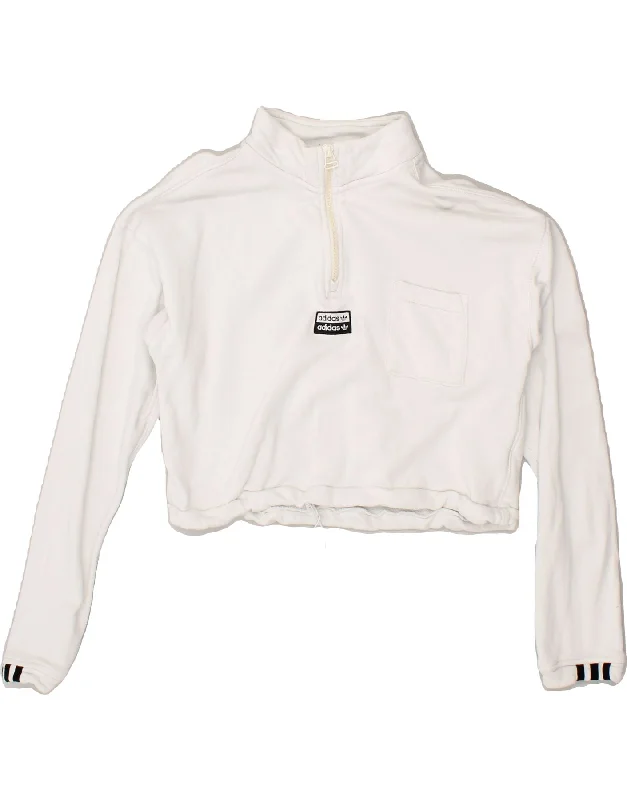 ADIDAS Womens Crop Zip Neck Sweatshirt Jumper UK 14 Large White Cotton Hoodie with Pastel Soft Subtle