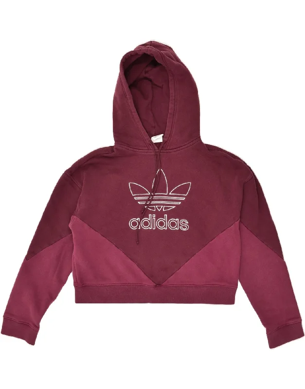 ADIDAS Womens Graphic Crop Hoodie Jumper UK 6 XS Burgundy Colourblock Hoodie with Mock Neck Collared Structured