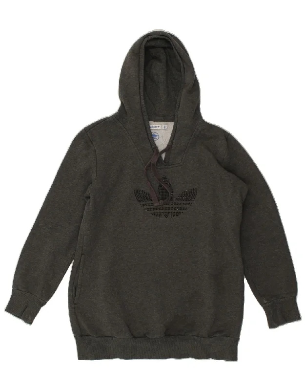 ADIDAS Womens Graphic Hoodie Jumper EU 40 Medium Grey Cotton Hoodie with Belted Waist Structured Tailored