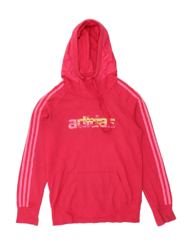 ADIDAS Womens Graphic Hoodie Jumper UK 10 Small Pink Cotton Hoodie with Elastic Waist Stretchable Comfortable