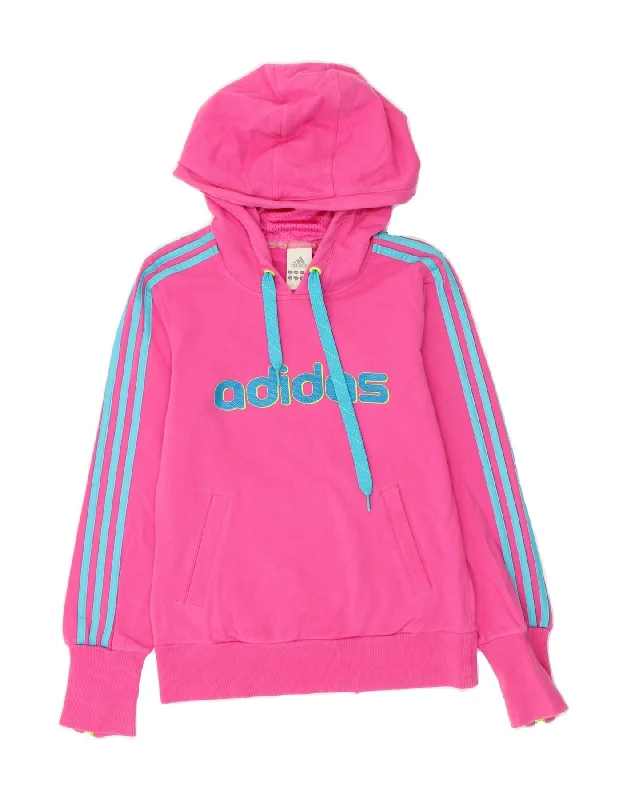 ADIDAS Womens Graphic Hoodie Jumper UK 10 Small Pink Cotton Hoodie with Distressed Vintage Worn