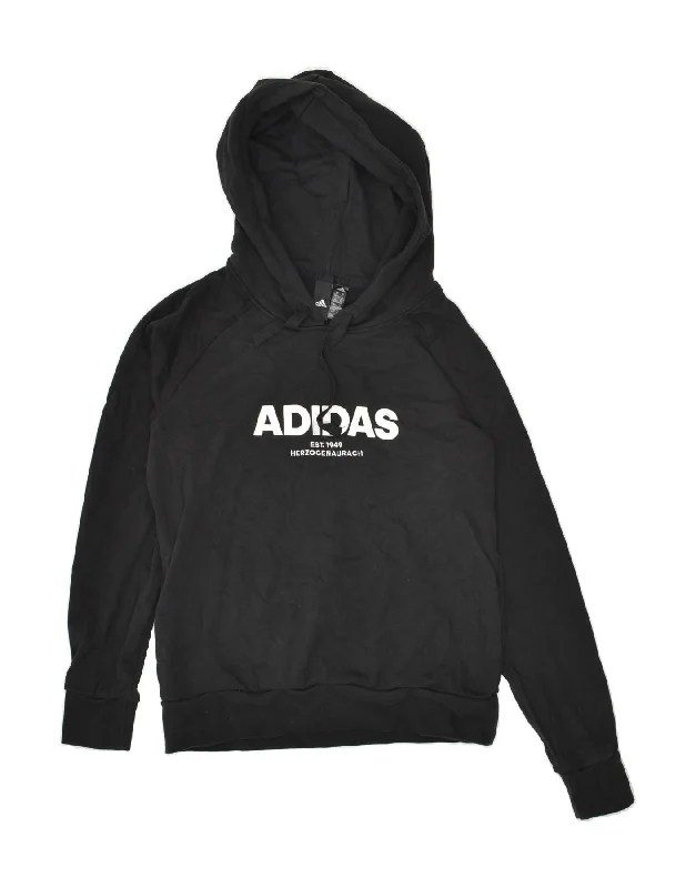 ADIDAS Womens Graphic Hoodie Jumper UK 12/14 Medium Black Cotton Hoodie with Set-In Sleeves Structured Classic