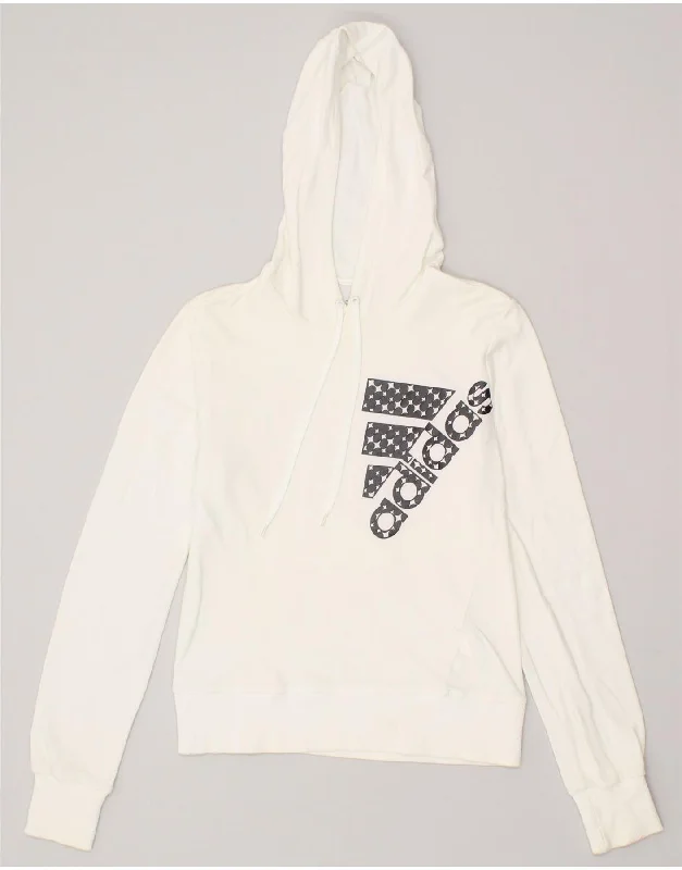 ADIDAS Womens Graphic Hoodie Jumper UK 12 Medium Off White Cotton Hoodie with Fur Luxurious Winter