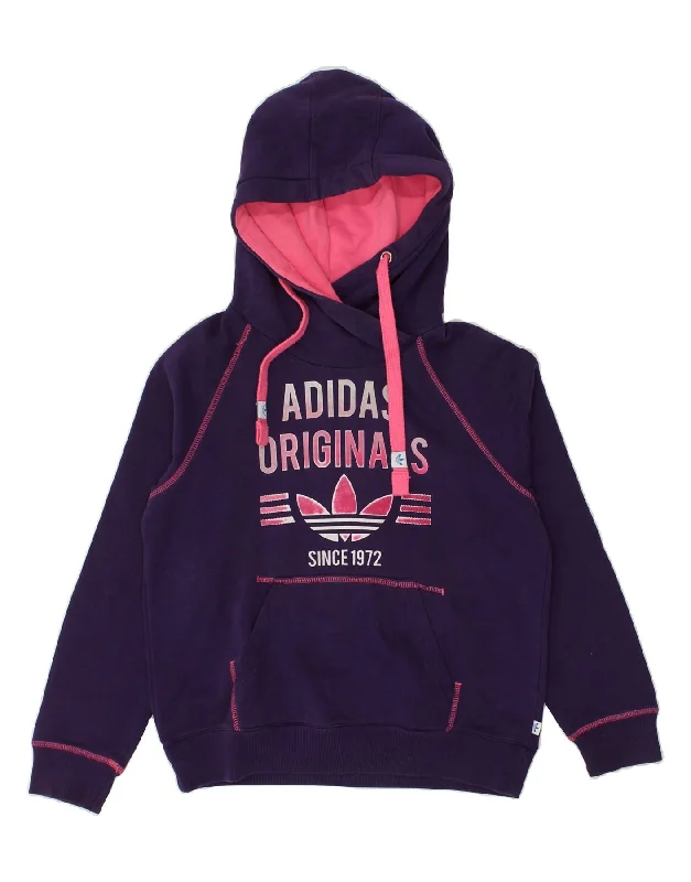 ADIDAS Womens Graphic Hoodie Jumper UK 12 Medium Purple Cotton Hoodie with Hem Lace Feminine Delicate