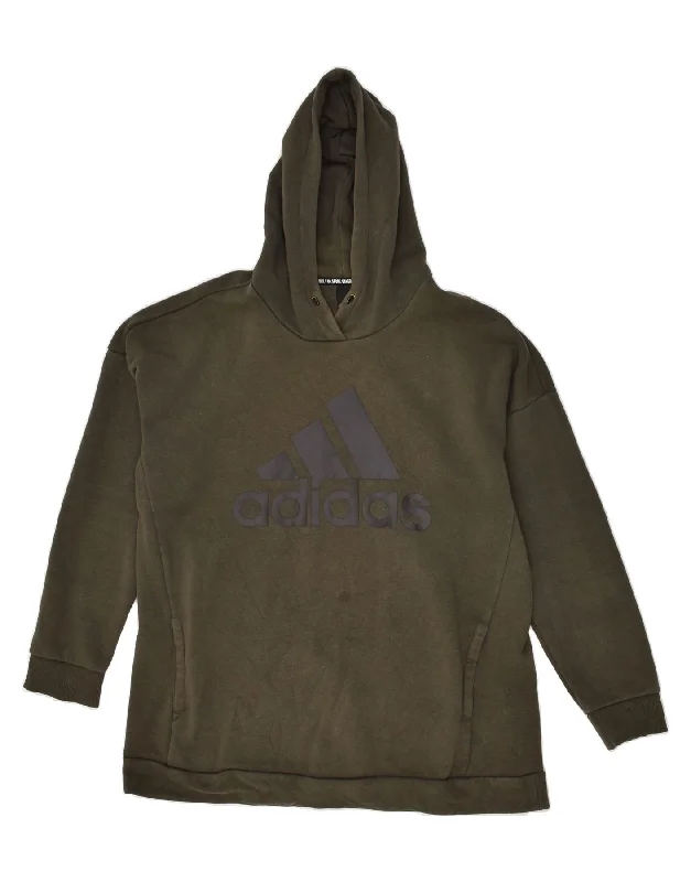 ADIDAS Womens Graphic Hoodie Jumper UK 16/18 Large Khaki Cotton Hoodie with Frayed Bohemian Relaxed