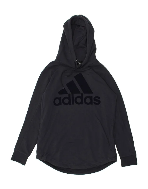 ADIDAS Womens Graphic Hoodie Jumper UK 16/18 Large Navy Blue Cotton Hoodie with Ribbed Cuffs Snug Fit Comfort