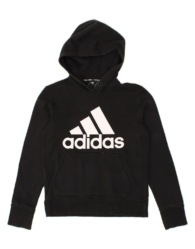 ADIDAS Womens Graphic Hoodie Jumper UK 4/6 Small Black Cotton Hoodie with Frayed Bohemian Relaxed