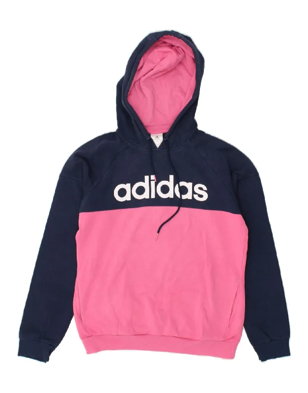 ADIDAS Womens Graphic Hoodie Jumper UK 8/10 Small Pink Colourblock Hoodie with Hem Raw Edge Edgy Unfinished