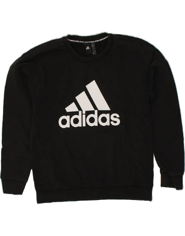 ADIDAS Womens Graphic Sweatshirt Jumper UK 12/14 Medium Black Cotton Hoodie with Hem Embroidery Detailed Premium