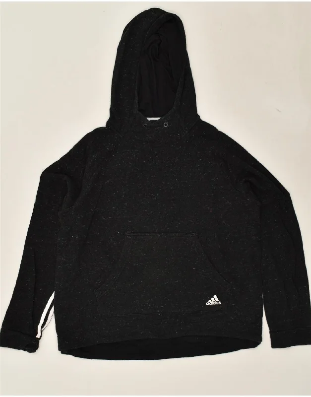 ADIDAS Womens Hoodie Jumper UK 16/18 Large Black Flecked Cotton Hoodie with Cropped Fit Short Trendy