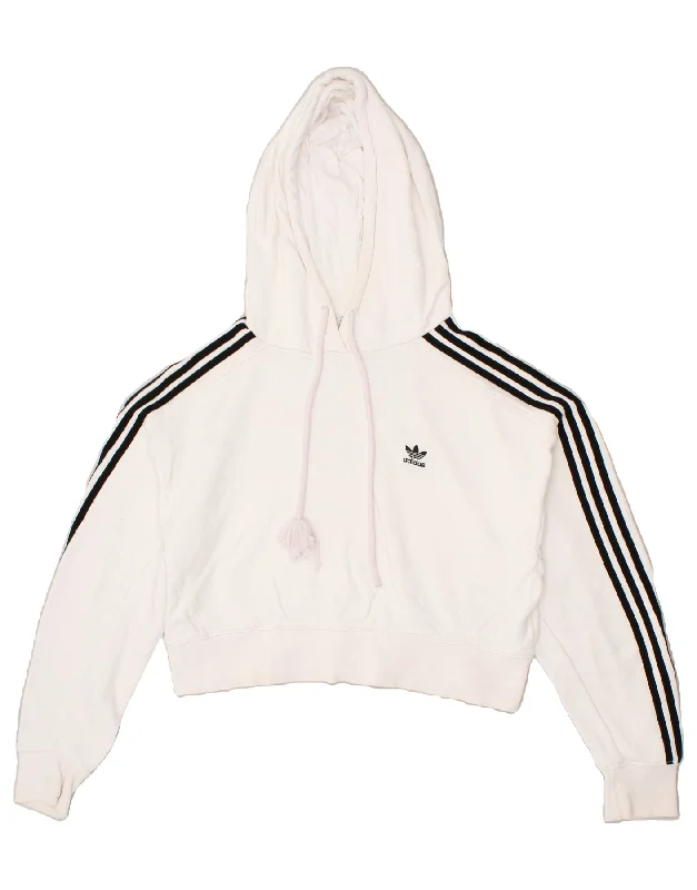 ADIDAS Womens Oversized Crop Graphic Hoodie Jumper UK 8 Small White Cotton Hoodie with Metallic Shiny Futuristic