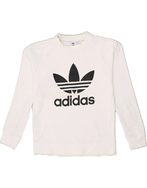 ADIDAS Womens Oversized Graphic Sweatshirt Jumper UK 6 XS White Cotton Hoodie with Ribbed Hem Stretchable Secure