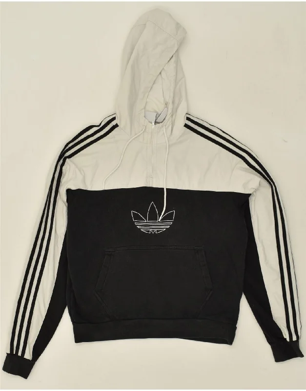 ADIDAS Womens Oversized Graphic Zip Neck Hoodie Jumper UK 10 Small Black Hoodie with Hem Frayed Vintage Worn