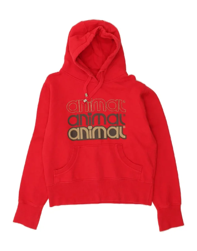 ANIMAL Womens Graphic Hoodie Jumper UK 14 Large Red Cotton Hoodie with Neon Bright Vibrant