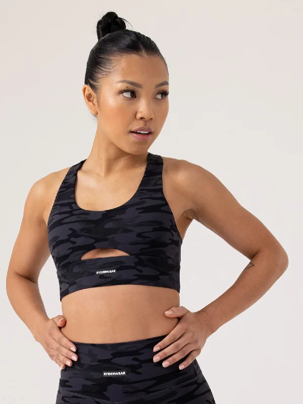 Base Racer Back Sports Bra - Black Camo Supportive Wireless Bra