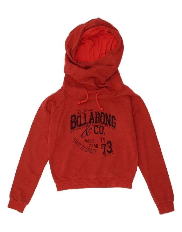 BILLABONG Womens Crop Graphic Hoodie Jumper UK 10 Small Red Flecked Cotton Hoodie with Earth Tones Natural Calm