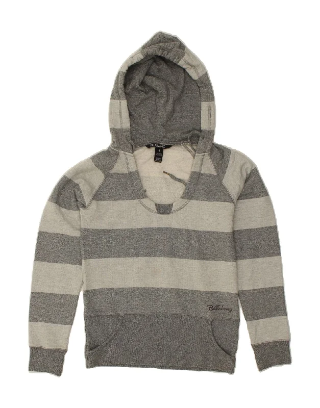 BILLABONG Womens Hoodie Jumper UK 8 Small Grey Striped Cotton Hoodie with Tied Waist Feminine Flattering