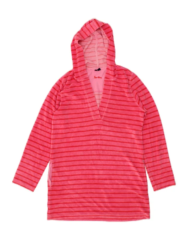 BODEN Womens Longline Hoodie Jumper UK 12 Medium Pink Striped Polyester Hoodie with Typography Text Message