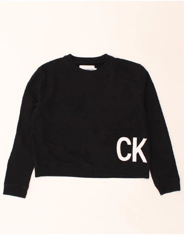 CALVIN KLEIN JEANS Womens Graphic Sweatshirt Jumper UK 16 Large Black Hoodie with Hem Contrast Bold Stylish