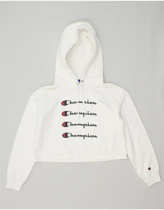 CHAMPION Womens Crop Graphic Hoodie Jumper UK 14 Medium White Cotton Hoodie with Hem Contrast Bold Stylish