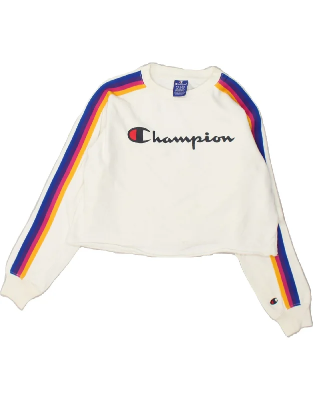 CHAMPION Womens Crop Graphic Sweatshirt Jumper UK 4 XS White Cotton Hoodie with Snap Buttons Easy Quick