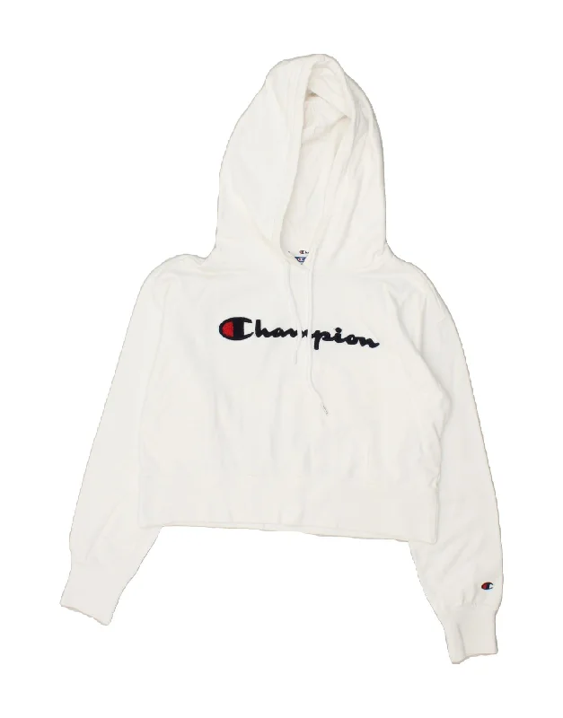 CHAMPION Womens Graphic Crop Hoodie Jumper UK 10 Small White Cotton Hoodie Crop Top Short Trendy